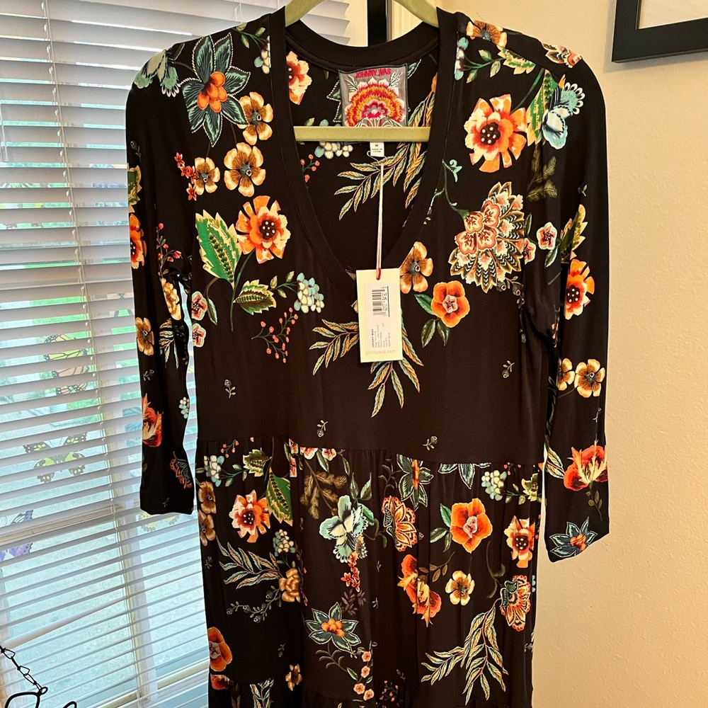 JOHNNY WAS NWT AUTHENTIC ARDELL LONG SLEEVES TIERED BLACK FLORAL DRESS